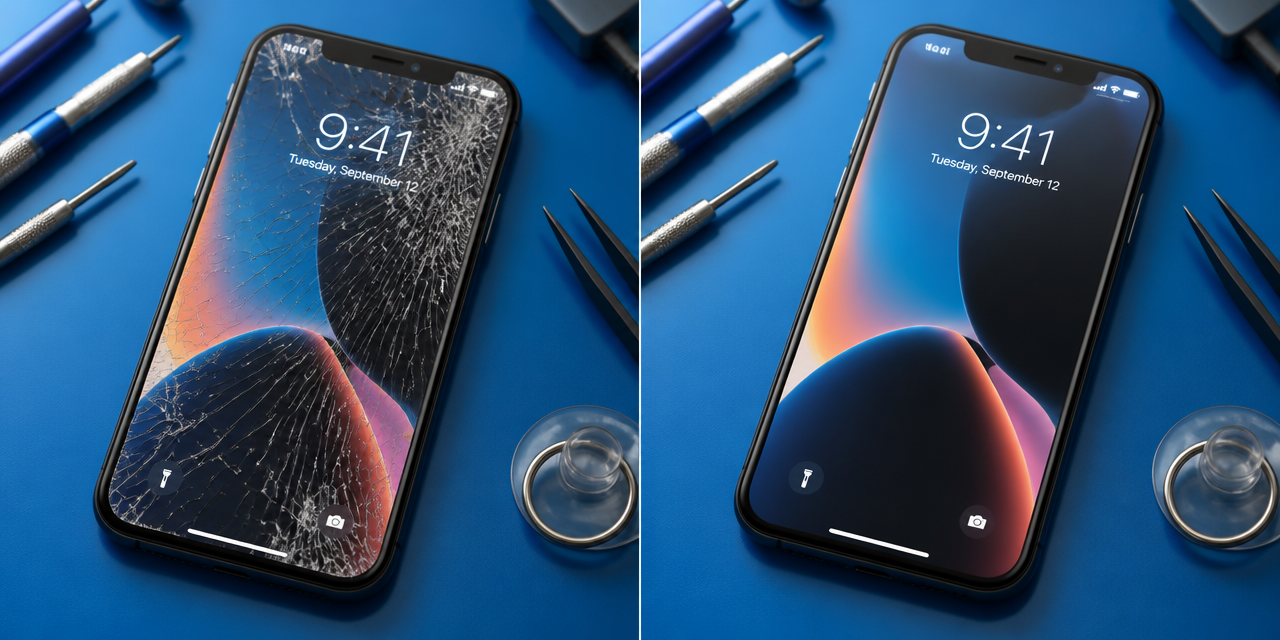 Porovnání rozbitého a opraveného displeje iPhone v servisu mobily-servis Brno