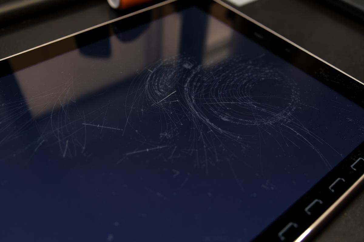 Displej tabletu iPad Air s odlesky, otisky a škrábanci před aplikací fólie